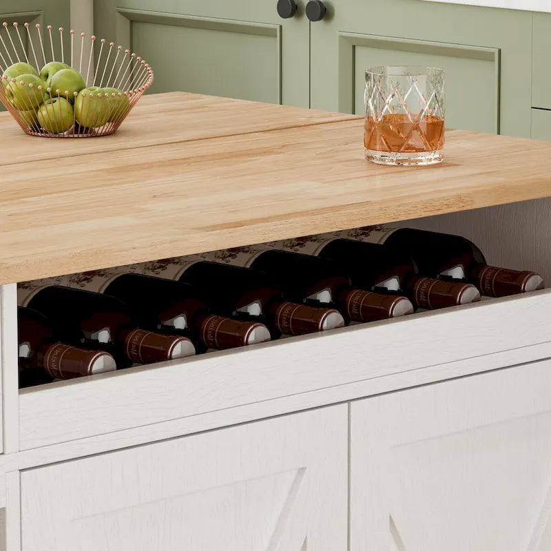 Chariot d'îlot de cuisine 44 pouces avec dessus en bois massif, casier à épices, porte-verres à vin, table roulante sur roulettes, installation sans outils