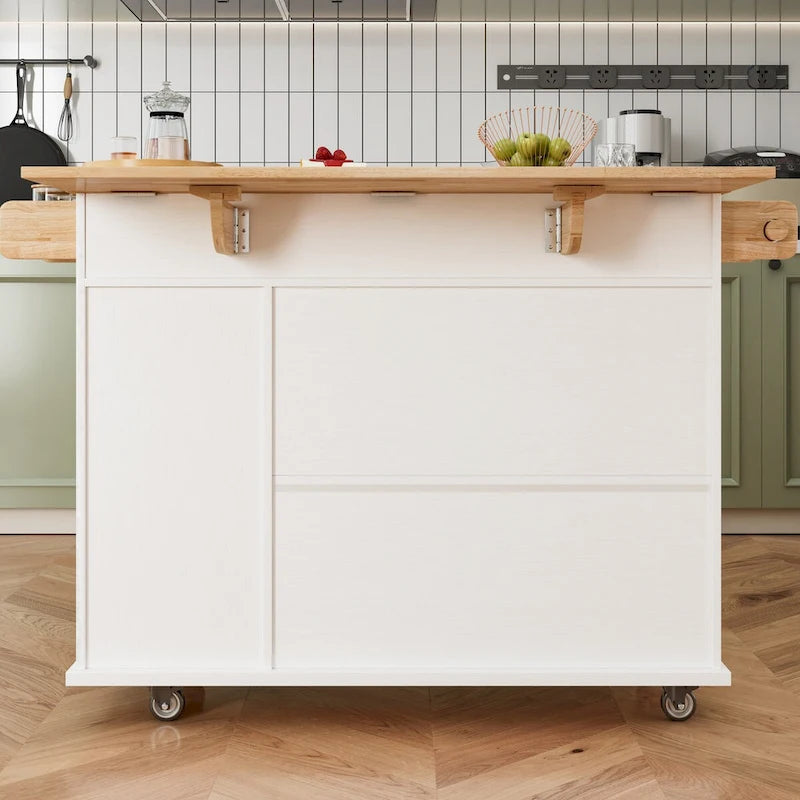 Chariot d'îlot de cuisine 44 pouces avec dessus en bois massif, casier à épices, porte-verres à vin, table roulante sur roulettes, installation sans outils