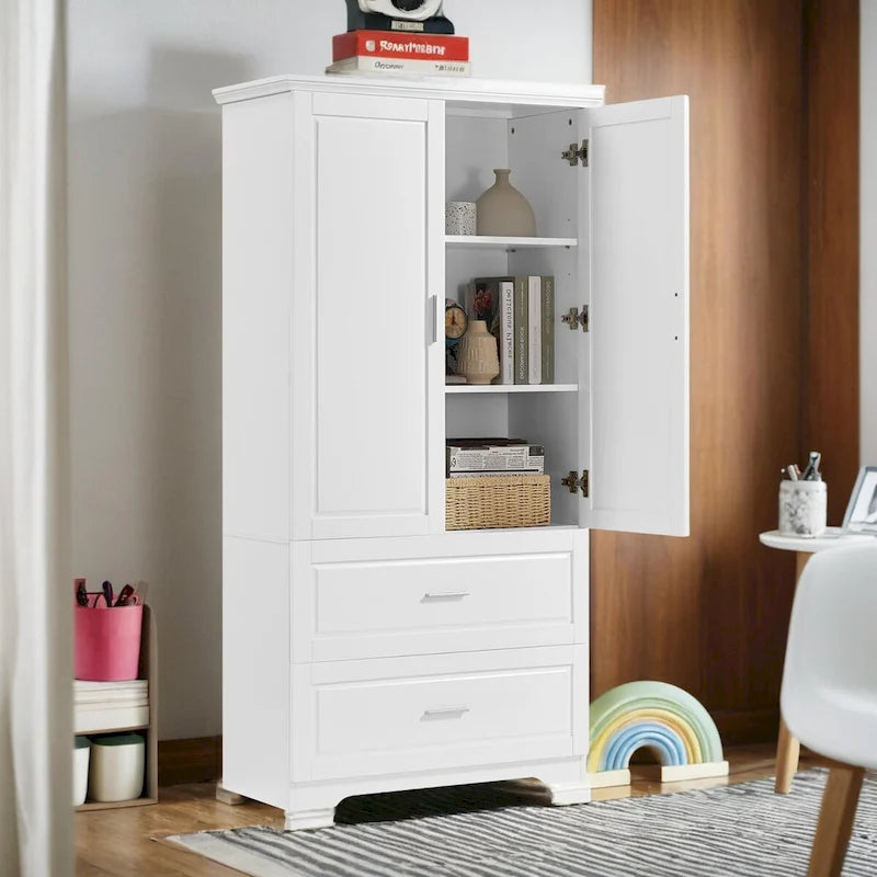Meuble de Rangement Salle de Bain, Colonne de Salle de Bain avec 2 Portes et Tiroirs, Étagère Réglable, Panneau de MDF, Blanc