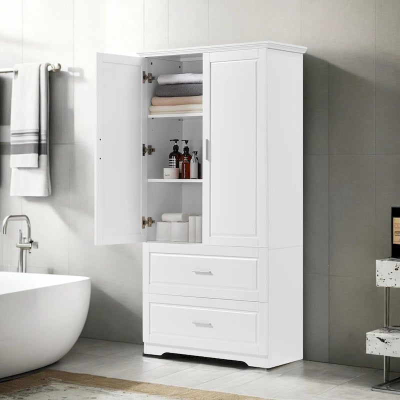 Meuble de Rangement Salle de Bain, Colonne de Salle de Bain avec 2 Portes et Tiroirs, Étagère Réglable, Panneau de MDF, Blanc