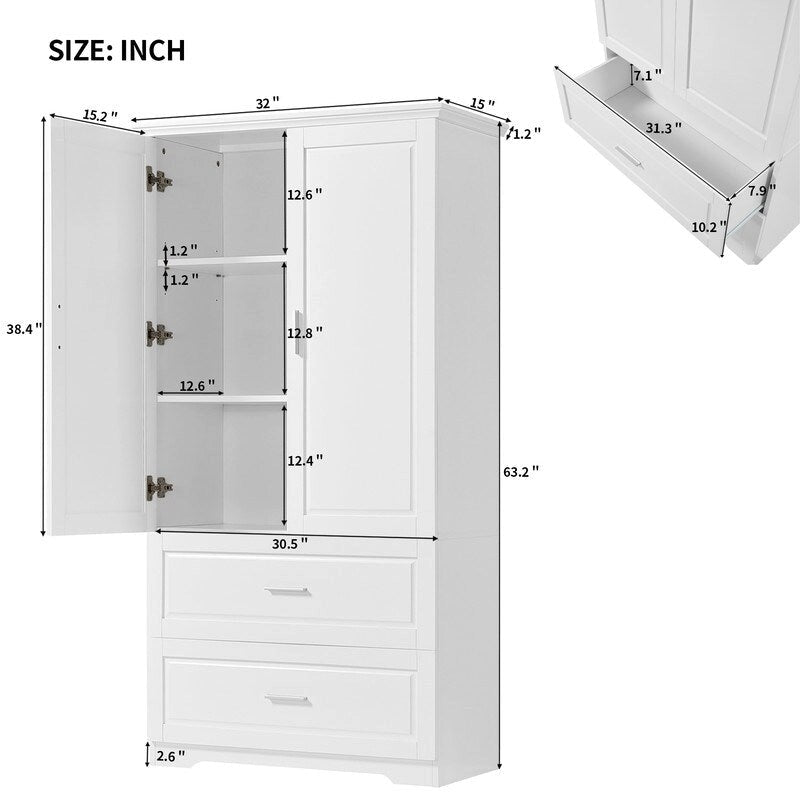 Meuble de Rangement Salle de Bain, Colonne de Salle de Bain avec 2 Portes et Tiroirs, Étagère Réglable, Panneau de MDF, Blanc
