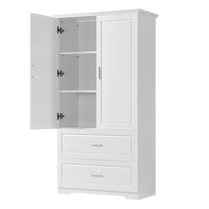 Meuble de Rangement Salle de Bain, Colonne de Salle de Bain avec 2 Portes et Tiroirs, Étagère Réglable, Panneau de MDF, Blanc