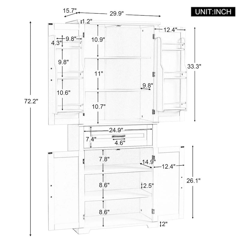 Meuble de salle de bain de 76,2 cm (30 po) de largeur x 40,6 cm (16 po) de profondeur x 182,9 cm (72 po) de hauteur avec portes, tiroir et étagères réglables