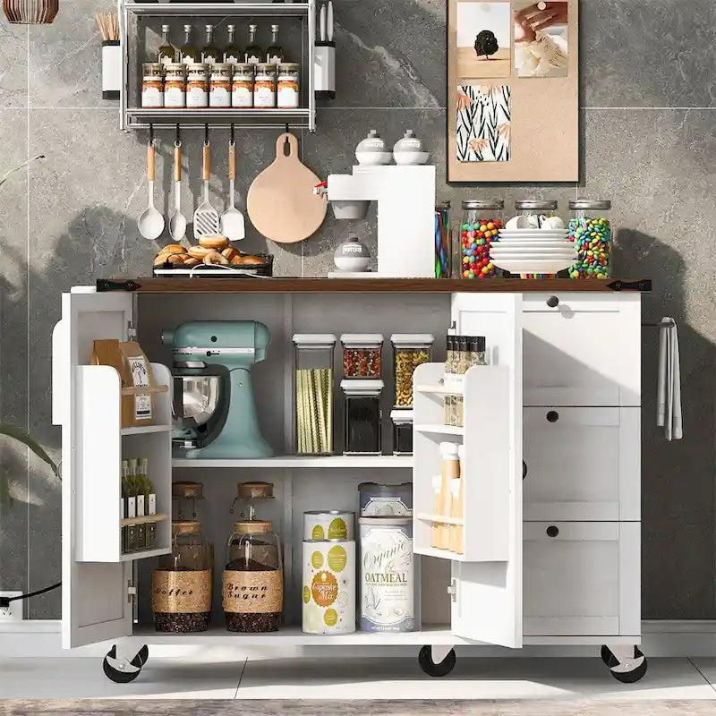 54.5" Îlot de cuisine roulant en bois avec prise électrique, étagère de rangement interne