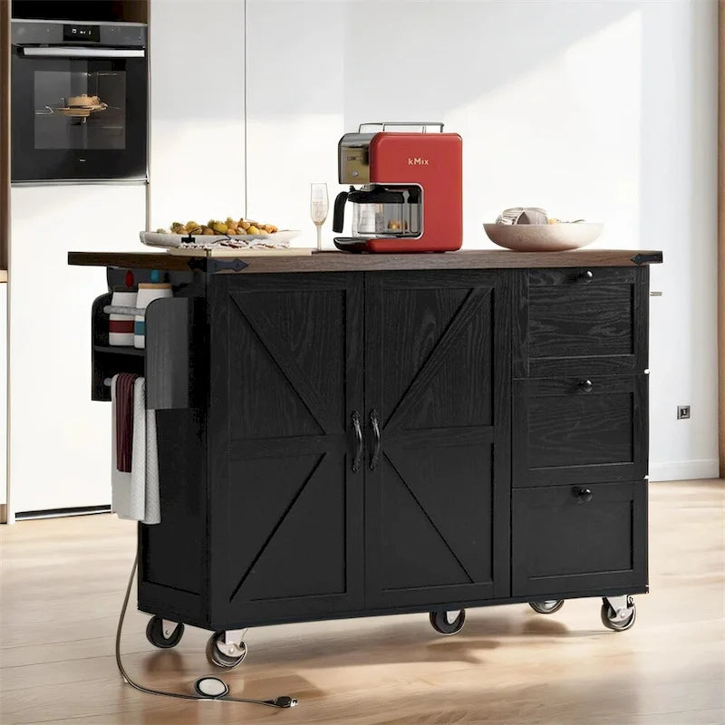 54.5" Îlot de cuisine roulant en bois avec prise électrique, étagère de rangement interne