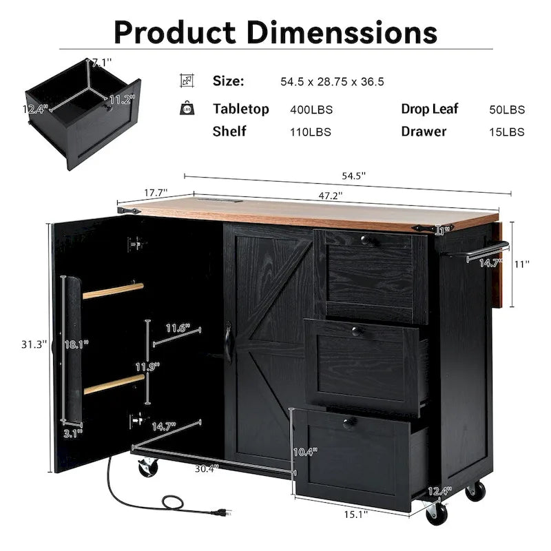 54.5" Îlot de cuisine roulant en bois avec prise électrique, étagère de rangement interne