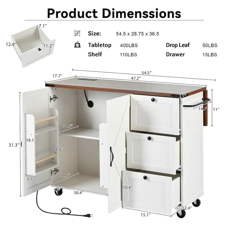 54.5" Îlot de cuisine roulant en bois avec prise électrique, étagère de rangement interne