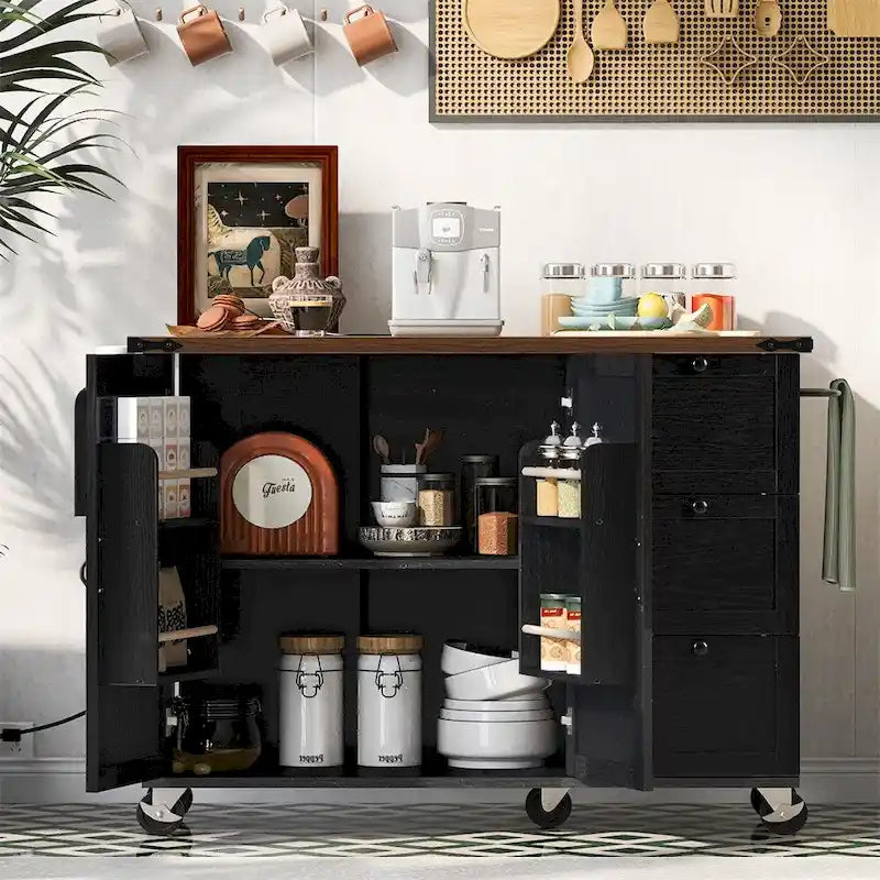 54.5" Îlot de cuisine roulant en bois avec prise électrique, étagère de rangement interne