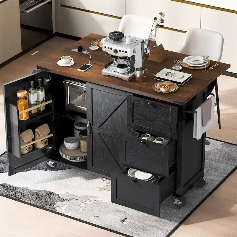 54.5" Îlot de cuisine roulant en bois avec prise électrique, étagère de rangement interne