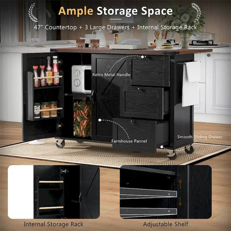 54.5" Îlot de cuisine roulant en bois avec prise électrique, étagère de rangement interne