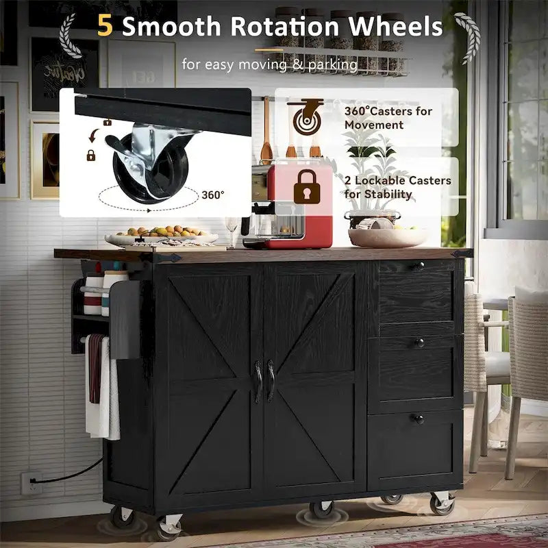 54.5" Îlot de cuisine roulant en bois avec prise électrique, étagère de rangement interne