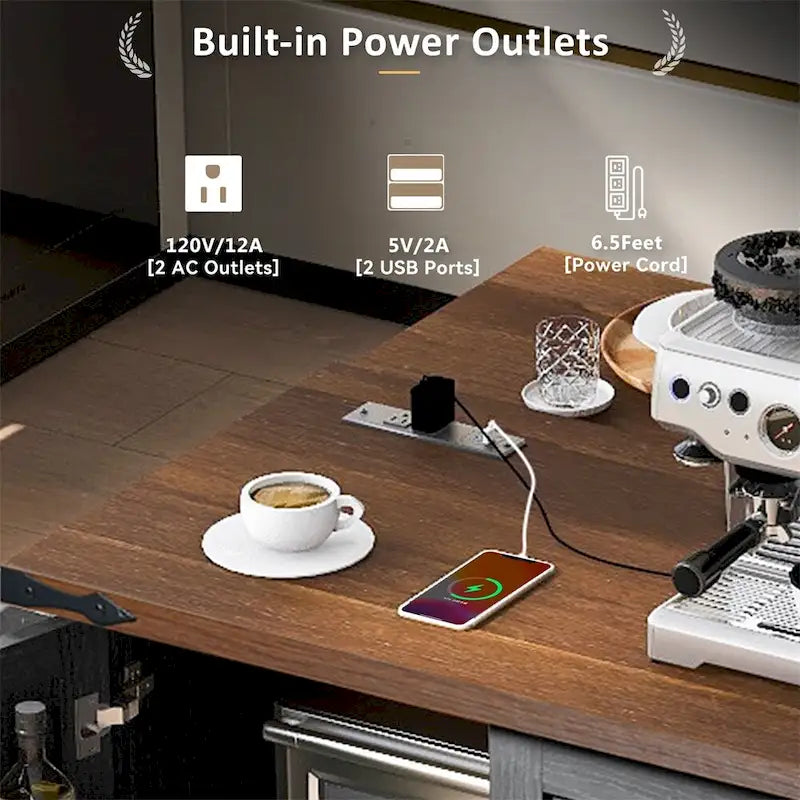 54.5" Îlot de cuisine roulant en bois avec prise électrique, étagère de rangement interne