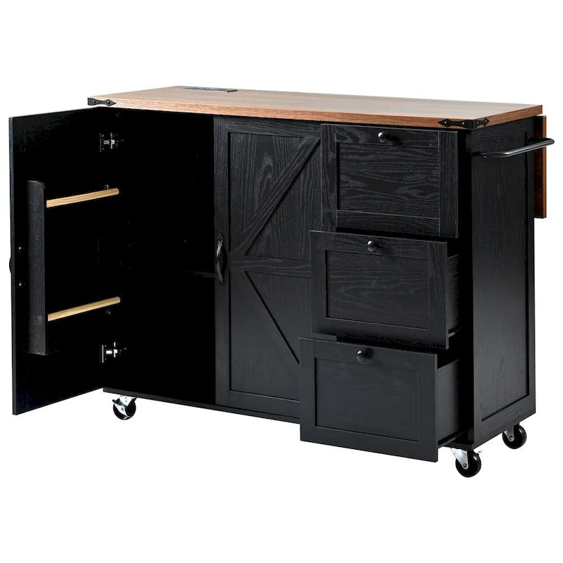 54.5" Îlot de cuisine roulant en bois avec prise électrique, étagère de rangement interne