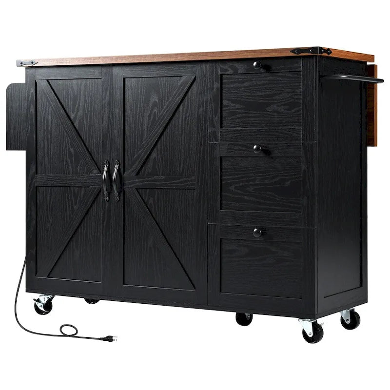 54.5" Îlot de cuisine roulant en bois avec prise électrique, étagère de rangement interne