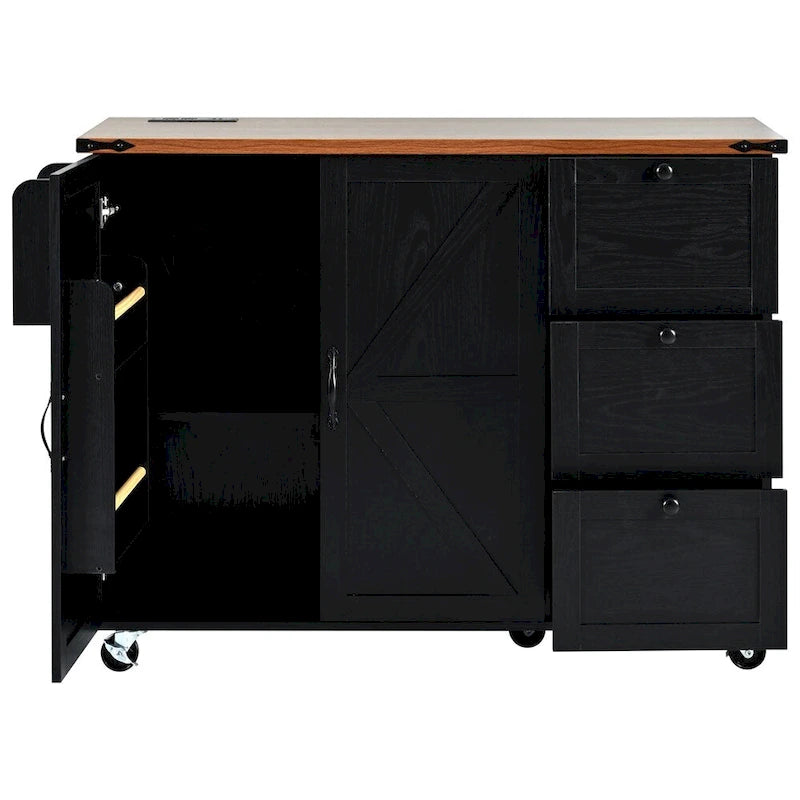54.5" Îlot de cuisine roulant en bois avec prise électrique, étagère de rangement interne