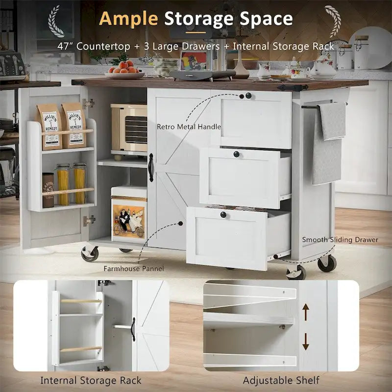 54.5" Îlot de cuisine roulant en bois avec prise électrique, étagère de rangement interne