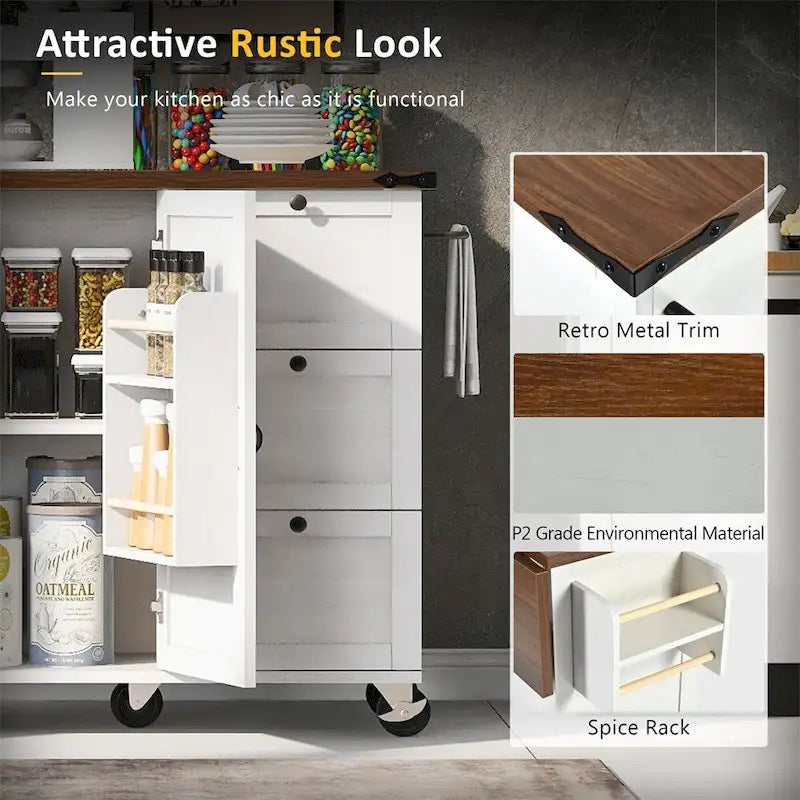 54.5" Îlot de cuisine roulant en bois avec prise électrique, étagère de rangement interne