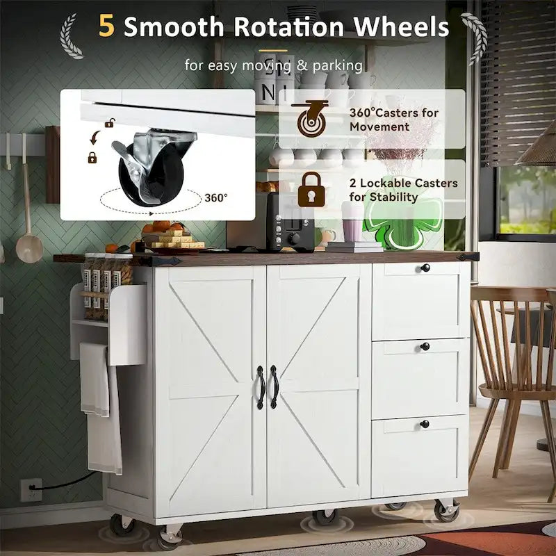 54.5" Îlot de cuisine roulant en bois avec prise électrique, étagère de rangement interne