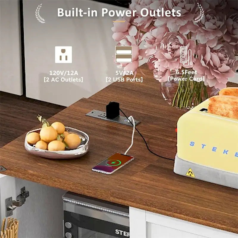 54.5" Îlot de cuisine roulant en bois avec prise électrique, étagère de rangement interne