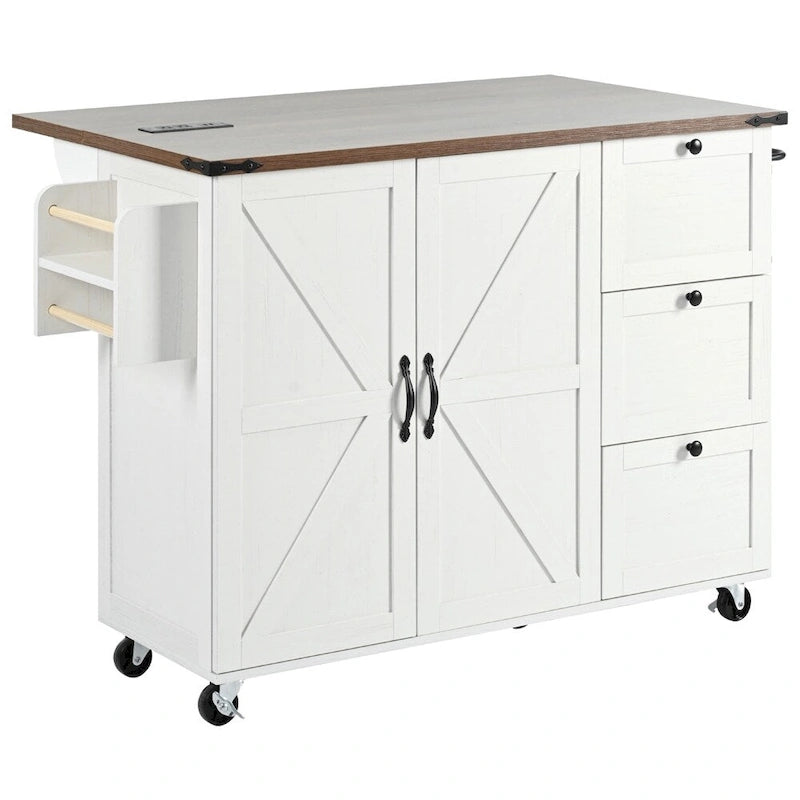 54.5" Îlot de cuisine roulant en bois avec prise électrique, étagère de rangement interne