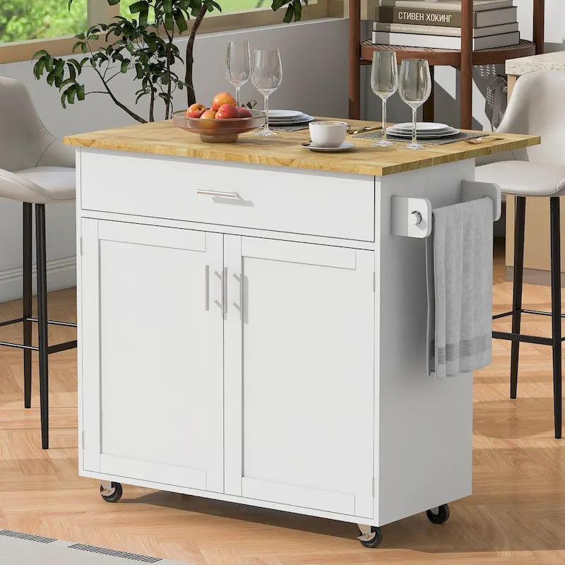 Îlot de cuisine 39W avec rangement et plateau en bois d'hévéa - S.O.