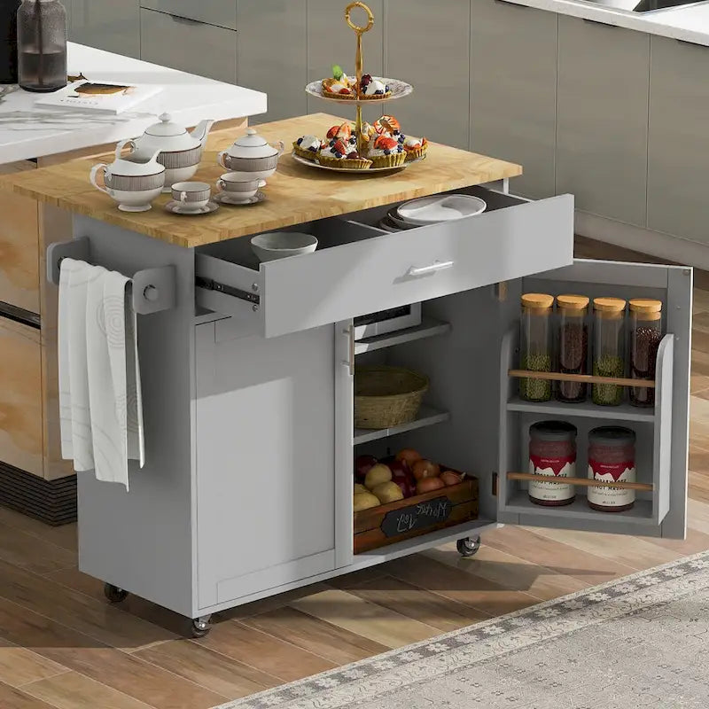 Îlot de cuisine 39W avec rangement et plateau en bois d'hévéa - S.O.