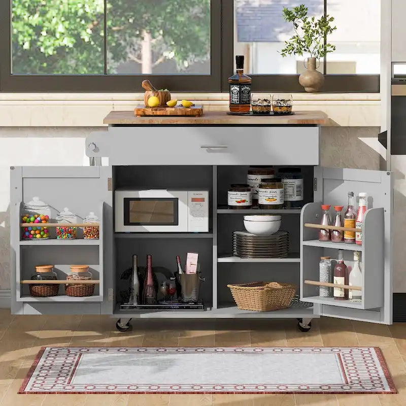 Îlot de cuisine 39W avec rangement et plateau en bois d'hévéa - S.O.