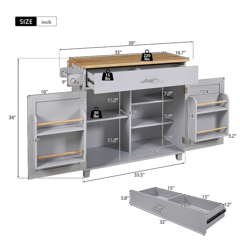 Îlot de cuisine 39W avec rangement et plateau en bois d'hévéa - S.O.