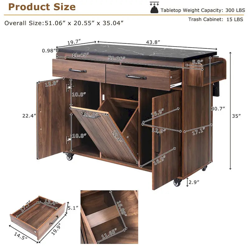 Îlot de cuisine de 43,8W avec meuble de rangement pour poubelle - S/O
