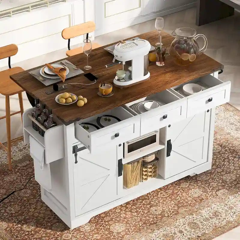 53.7 Îlot de cuisine, prise de courant, 2 portes de grange coulissantes, îlot de rangement de cuisine avec abattant, chariot de cuisine roulant sur roues