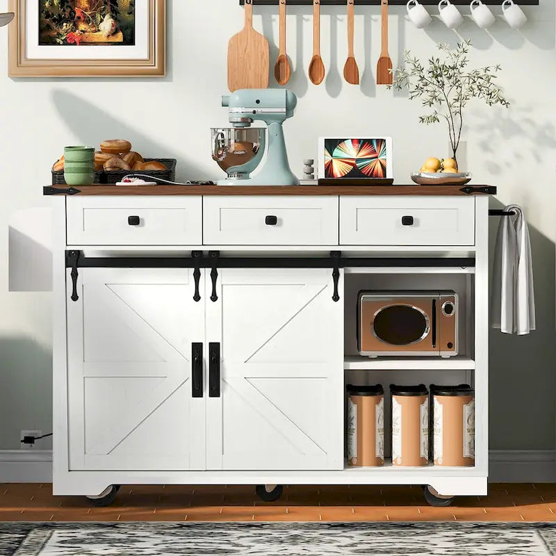53.7 Îlot de cuisine, prise de courant, 2 portes de grange coulissantes, îlot de rangement de cuisine avec abattant, chariot de cuisine roulant sur roues