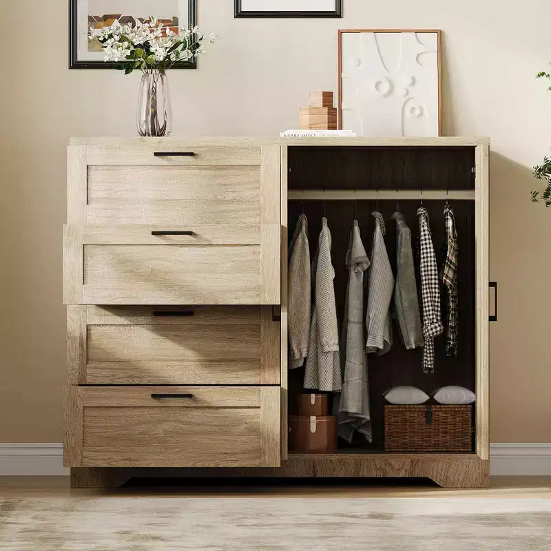 Armoire de chambre en bois de 110 cm (43,3 po) avec 4 tiroirs et tringle à vêtements, commode de rangement multifonctionnelle pour vêtements