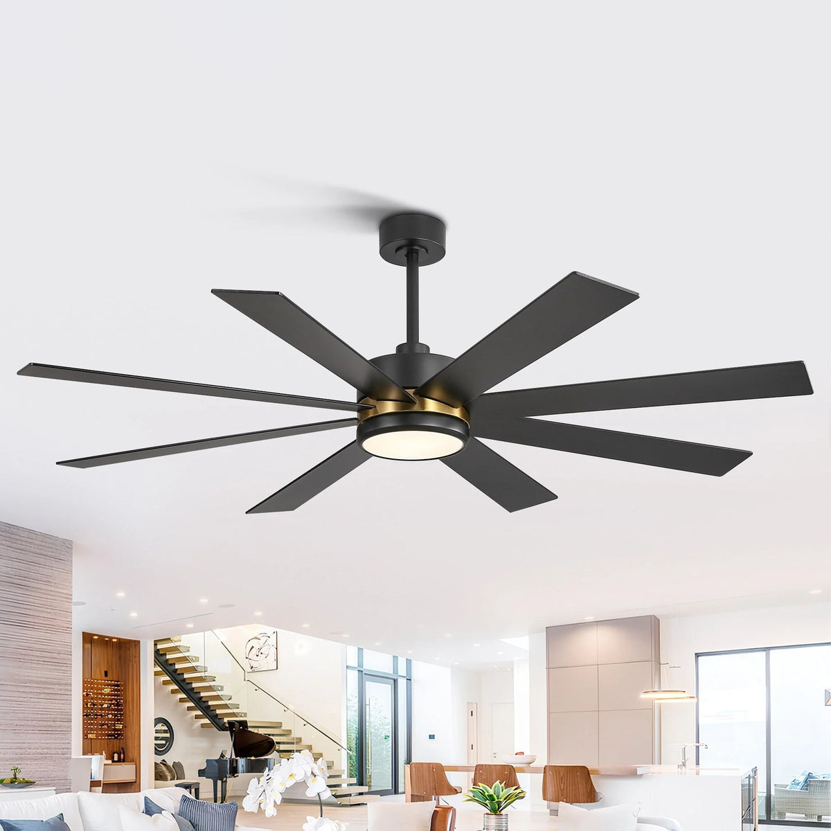 Ventilateur de plafond de 65 pouces à 8 pales noires avec lumière LED et télécommande