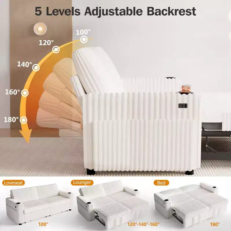 Canapé-lit d'angle Dyonery 91 avec lit gigogne, dossier inclinable/deux lits gigognes/ports USB/porte-gobelets, velours côtelé moelleux