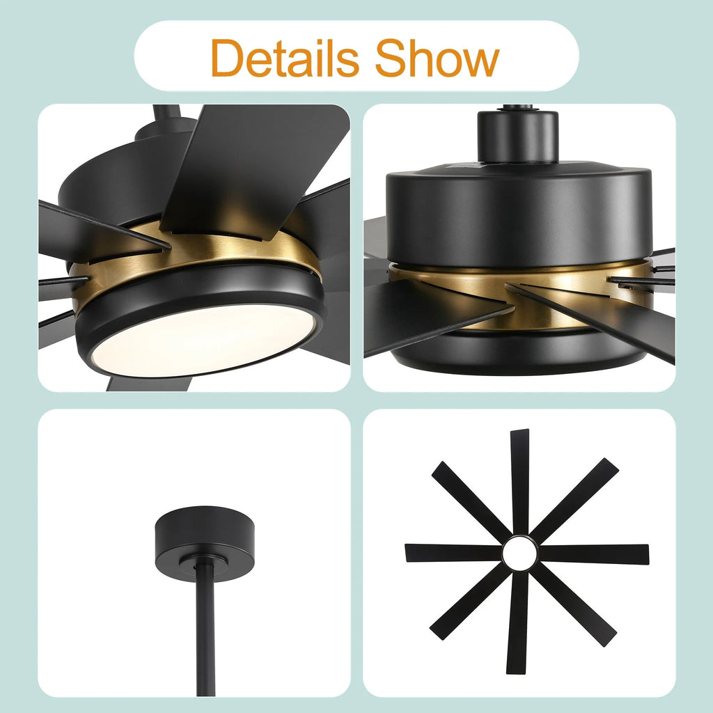 Ventilateur de plafond de 65 pouces à 8 pales noires avec lumière LED et télécommande