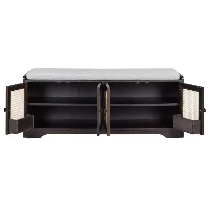 Banc de rangement rustique en bois Whisen, banc à chaussures d'entrée avec coussin amovible, étagères réglables