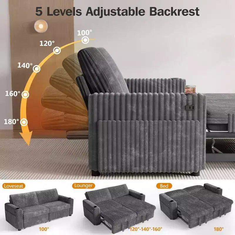 Canapé-lit d'angle Dyonery 91 avec lit gigogne, dossier inclinable/deux lits gigognes/ports USB/porte-gobelets, velours côtelé moelleux