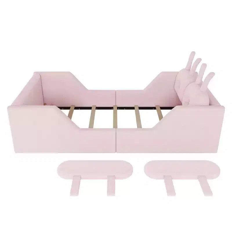 Lit plateforme double Whisen, cadre de lit rembourré pour enfants avec coussin lapin, barrières latérales amovibles